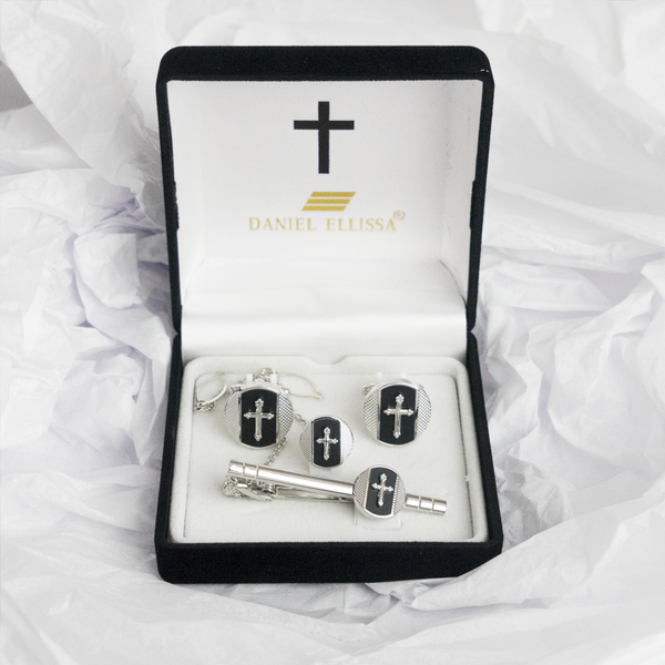 Circle shape Silver Colored Cross Cuff Links Black background - Trinity Robes