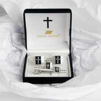 Square shape Silver Colored Cross Cuff Links Black background - Trinity Robes