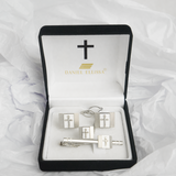 Square shape Silver  Colored Cross Cuff Links White background - Trinity Robes